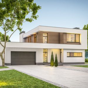 modern cosy house with garage for sale, clear summer evening with soft sky.