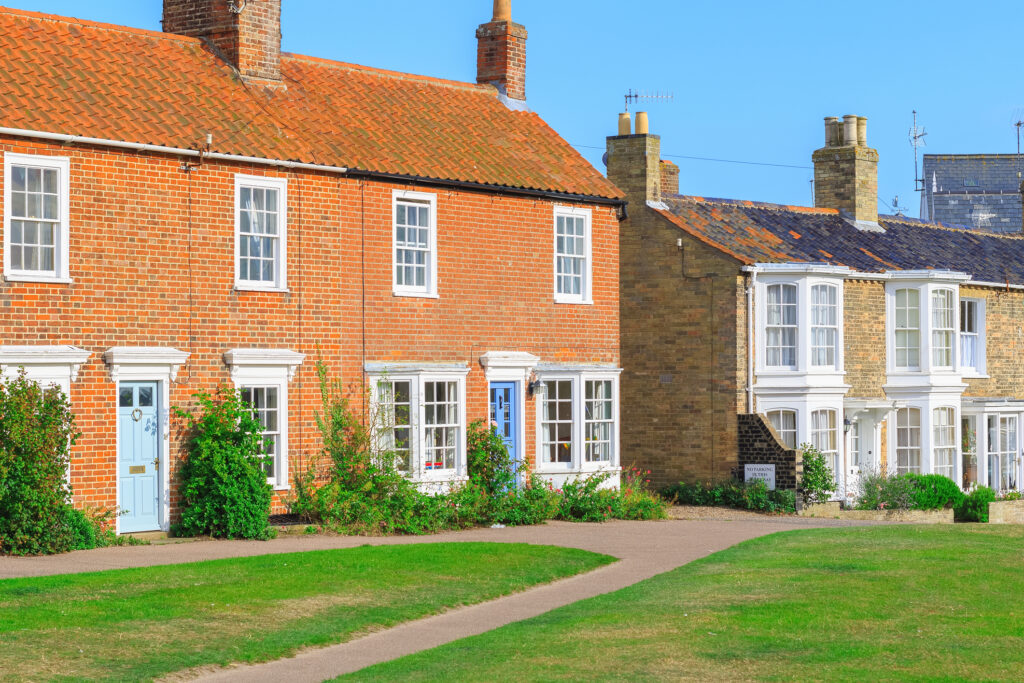 Old fashioned holiday brick cottages in Southwold, a popular seaside town in the UK