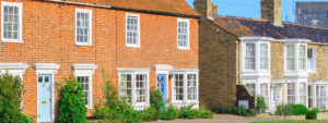 Old fashioned holiday brick cottages in Southwold, a popular seaside town in the UK