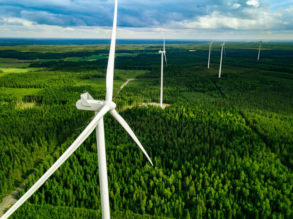 Wind turbines in field, climate change concerns