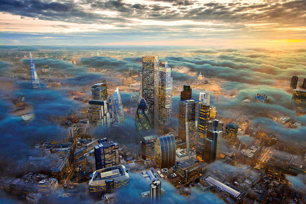 A composite / hypothetical computer photoshop image of the city of London above the clouds including possible future development.